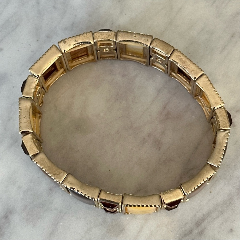 Gold-Tone Brown & Amber Rectangular Stretch Brace… - image 3